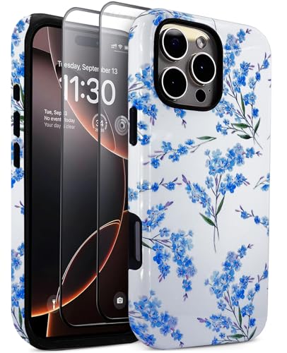 J.west Schutzhülle für iPhone 14 Pro Max, 17 cm (6,7 Zoll), mit 2 Displayschutzfolien aus gehärtetem Glas, süßes Blumenmuster, Hybrid-Schutzhülle für Mädchen und Damen, ästhetische Schutzhülle, blaue von J.west