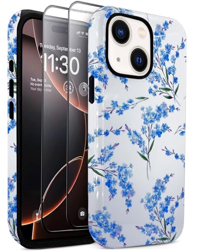 J.west Schutzhülle für iPhone 15 Plus, 6,7 Zoll (17 cm), mit 2 Displayschutzfolien aus gehärtetem Glas, süßes Blumenmuster, Hybrid-Schutzhülle für Mädchen und Damen, ästhetische Schutzhülle, blaue von J.west