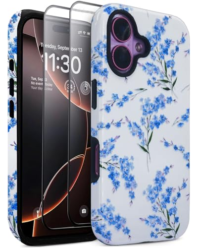 J.west Schutzhülle für iPhone 16 Plus, 6,7 Zoll (17 cm), mit 2 Displayschutzfolien aus gehärtetem Glas, süßes Blumenmuster, Hybrid-Schutzhülle für Mädchen und Damen, ästhetische Schutzhülle, blaue von J.west