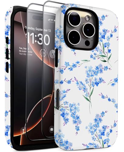 J.west Schutzhülle für iPhone 16 Pro, 16 cm (6,3 Zoll), mit 2 Displayschutzfolien aus gehärtetem Glas, süßes Blumenmuster, Hybrid-Schutzhülle für Mädchen und Damen, ästhetische Schutzhülle, blaue von J.west