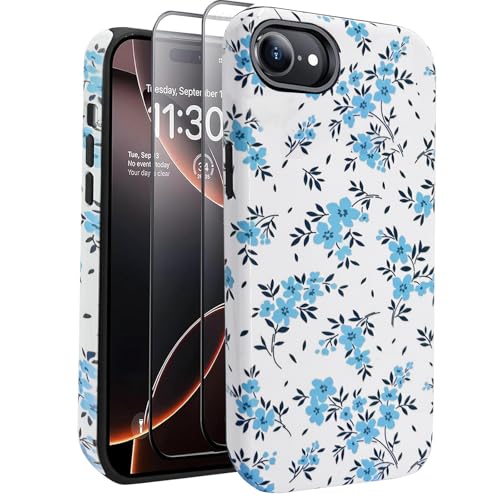 J.west Schutzhülle für iPhone 16E, 15,5 cm (6,1 Zoll), mit 2 Displayschutzfolien aus gehärtetem Glas, süßes Blumenmuster, Hybrid-Schutzhülle für Mädchen und Damen, ästhetische Schutzhülle, Blaugrün von J.west