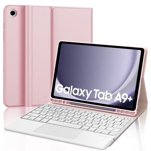 JADEMALL Galaxy Tab A9 Plus Hülle mit Tastatur - Abnehmbar Tastatur Schutzhülle mit Pencil Halter für Samsung Galaxy Tab A9+ 2023 SM-X210/X215/X216 11 Zoll, QWERTZ Deutsches (Hell-Pink) von JADEMALL