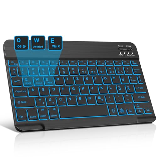 JADEMALL Kabellose Tablet Tastatur - Bluetooth Magnetisch Tastatur mit iOS-Sondertasten, 7-Farbige Beleuchtung QWERTZ deutsches ultraleichtes Tastatur BK von JADEMALL