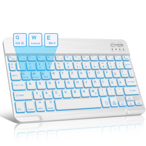 JADEMALL Kabellose Tablet Tastatur - Bluetooth Magnetisch Tastatur mit iOS-Sondertasten, 7-Farbige Beleuchtung QWERTZ deutsches ultraleichtes Tastatur von JADEMALL