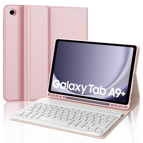 JADEMALL Tastatur Hülle für Galaxy Tab A9 Plus 2023-11 Zoll SM-X210, SM-X215, SM-X216，Tastatur Magnetische Kabelloser Bluetooth Abnehmbare Deutsche QWERTZ Tastatur (Hell-Pink) von JADEMALL