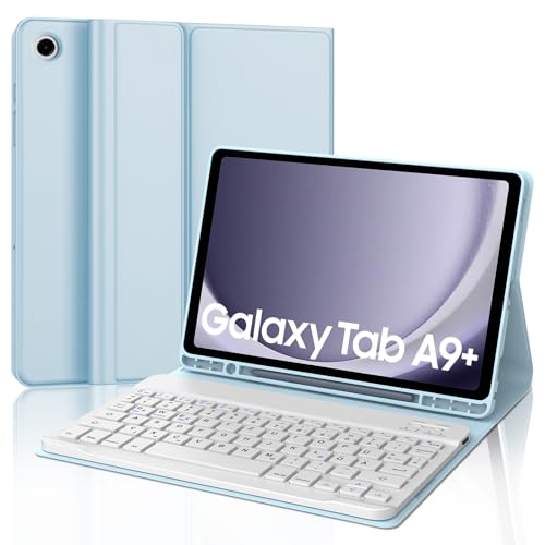 JADEMALL Tastatur Hülle für Galaxy Tab A9 Plus 2023-11 Zoll SM-X210, SM-X215, SM-X216，Tastatur Magnetische Kabelloser Bluetooth Abnehmbare Deutsche QWERTZ Tastatur (Himmelblau) von JADEMALL