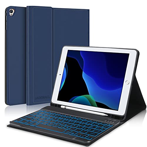 JADEMALL Tastatur Hülle für iPad 9 Generation 2021/ iPad 8 Gen. 2020/ iPad 7 Gen. 2019/ iPad Air 3, QWERTZ Bluetooth Beleuchtete Tastatur mit Hülle für iPad 10.2 Zoll, Dunkelblau von JADEMALL