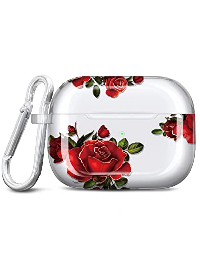 JAHOLAN AirPods Pro 2 Hülle Stoßfeste Silikon Kopfhörer Taschen Schutzhülle Zubehör Kompatibel mit AirPods Pro 2019, AirPods Pro 2 Generation 2022, Blume Rose Red von JAHOLAN