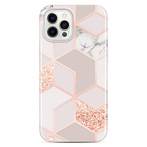 JAHOLAN Bling Glitzer Sparkle Hülle Kompatibel mit iPhone 12 und iPhone 12 Pro Marmor Design Clear Bumper TPU Soft Rubber Silicone Cover Phone Case 6.1 inch Rose Gold von JAHOLAN