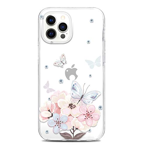 JAHOLAN Clear Case Compatible with iPhone 12, Compatible with iPhone 12 Pro, Cute Design Flexible TPU Bumper Hard Back Cover Phone Case 6.1 inch 2020 Girl Floral Butterfly Flower Pink von JAHOLAN