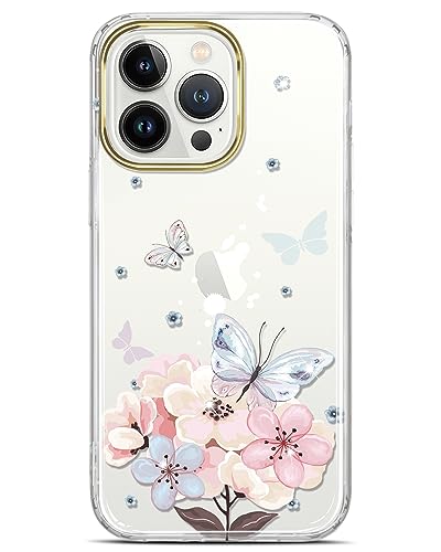JAHOLAN Clear Case for iPhone 15 Pro Plating Butterfly Flower Design Protective Shockproof Slim TPU Anti-Yellowing Hard Back Cover Phone Case for Girls Women 6.1 inch 2023 White Pink von JAHOLAN
