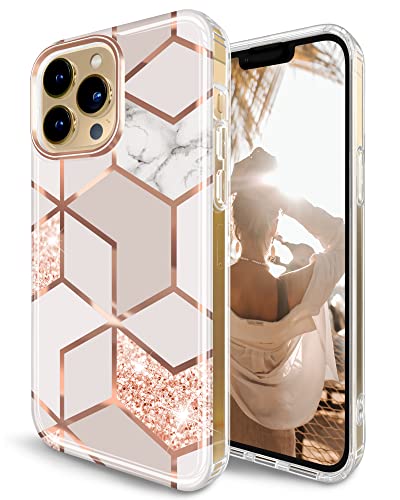 JAHOLAN Designed Case for iPhone 14 Pro Shiny Glitter Plating Marble Protective Shockproof Slim Military Grade Drop Protection Hard Back Cover Phone Case for Girls Women, Rose Gold von JAHOLAN