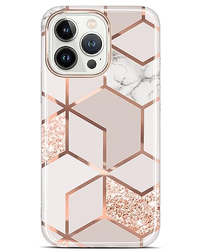 JAHOLAN Designed Case for iPhone 15 Pro Max Sparkle Glitter Plating Marble Protective Shockproof Slim Drop Protection Hard Back Cover Phone Case for Girls Women 6.7 inch 2023 Rose Gold von JAHOLAN