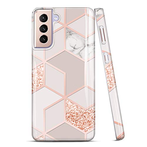 JAHOLAN Galaxy S21 Hülle Bling Glitzer Sparkle Marble Design Clear Bumper Glossy TPU Soft Rubber Silicone Cover Phone Case for Samsung Galaxy S21 5G 6.2 inch 2021 - Rose Gold von JAHOLAN