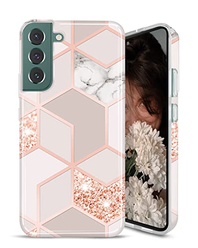 JAHOLAN Galaxy S22 Hülle Bling Glitzer Sparkle Marble Design Clear Bumper Glossy TPU Soft Rubber Silicone Cover Phone Case for Samsung Galaxy S22 5G 6.1 inch 2022 - Rose Gold von JAHOLAN
