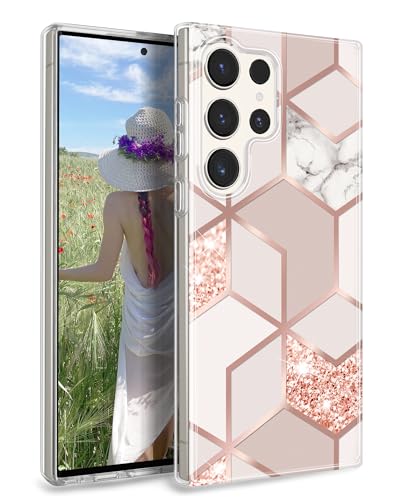 JAHOLAN Handyhülle Galaxy S24 Ultra Hülle TPU Silikon Schlank Schutzhülle Handytasche Handy Hülle für Samsung Galaxy S24 Ultra 5G Marmor Glitter Rose Gold von JAHOLAN