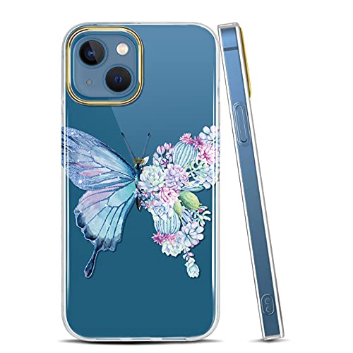 JAHOLAN Handyhülle iPhone 13 Hülle TPU Silikon Weiche Schlank Schutzhülle Handytasche Flexibel Clear Case Handy Hülle für iPhone 13 5G 2021 6.1 Zoll - Butterfly Cactus Purple von JAHOLAN