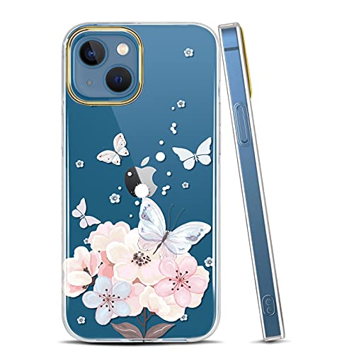 JAHOLAN Handyhülle iPhone 13 Hülle TPU Silikon Weiche Schlank Schutzhülle Handytasche Flexibel Clear Case Handy Hülle für iPhone 13 5G 2021 6.1 Zoll - Butterfly Flower Pink von JAHOLAN