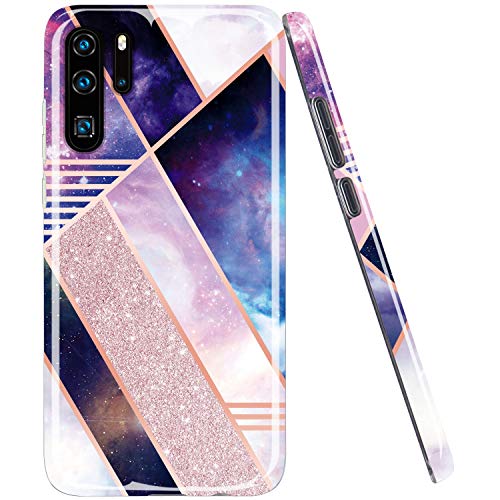 JAHOLAN Huawei P30 pro Hülle Handyhülle TPU Silikon Weiche Schlank Schutzhülle Handytasche Flexibel Case Handy Hülle für Huawei P30 pro - Marmor Rose Gold Glitter Sparkle Blue Galaxy von JAHOLAN