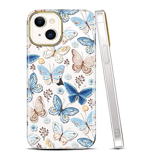 JAHOLAN Klare Hülle für iPhone 13 Mini Hülle mit Blumen, für Mädchen Frauen, Stoßfest Glitzer Blumenmuster Harte Rückseite Handyhülle 5,4 Zoll - Schmetterling Blau von JAHOLAN