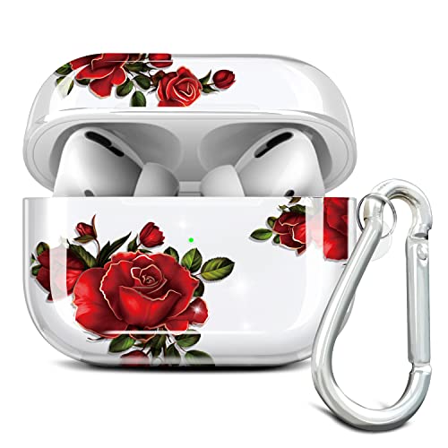 JAHOLAN Kompatibel mit AirPods Pro Hülle Silikon Blume Stoßfeste Kopfhörer Taschen Case Schutzhülle Zubehör mit Karabiner Kompatibel mit AirPod Pro Rose Red von JAHOLAN