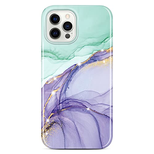 JAHOLAN Schutzhülle für iPhone 12, iPhone 12 Pro, glitzernd, Marmor-Design, transparent, stoßfest, glänzend, TPU, weiches Gummi-Silikon, Handyhülle für iPhone 12/12 Pro, Grün / Violett von JAHOLAN