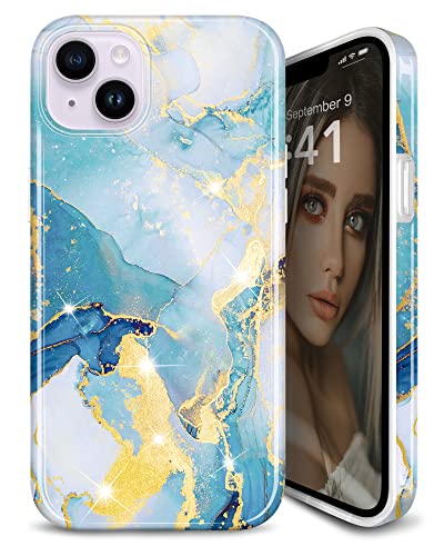 JAHOLAN iPhone 14 Hülle Handyhülle iPhone 14 TPU Silikon Schutzhülle Handytasche Handy Hülle für iPhone 14 2022 6.1" - Marmor Gold Blue von JAHOLAN