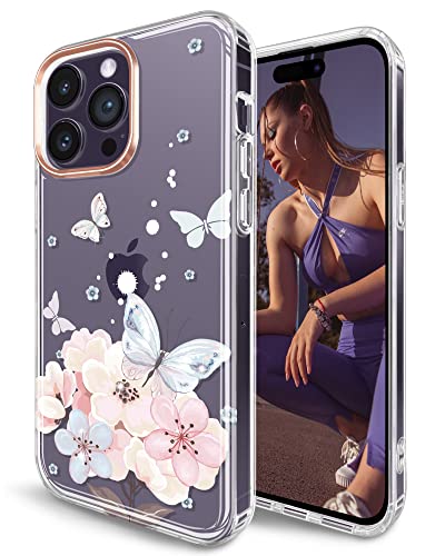 JAHOLAN iPhone 14 Pro Hülle Handyhülle TPU Silikon Schutzhülle Handytasche Handy Hülle für iPhone 14 Pro 2022 6.1" - Transparent Schmetterling White Pink von JAHOLAN