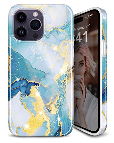 JAHOLAN iPhone 14 Pro Max Hülle Handyhülle TPU Silikon Schutzhülle Handytasche Handy Hülle für iPhone 14 Pro Max 2022 6.7" - Marmor Gold Blue von JAHOLAN