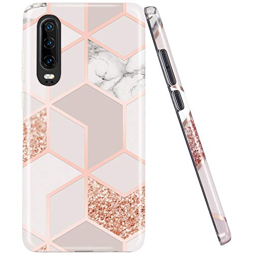 Jaholan Schutzhülle Huawei P30 Bling Glitter Sparkle Rosa Gold Marmor Design Schutzhülle TPU Gel Schutzhülle Ultradünn Leicht Weiche Schutzhülle für Huawei P30 von JAHOLAN