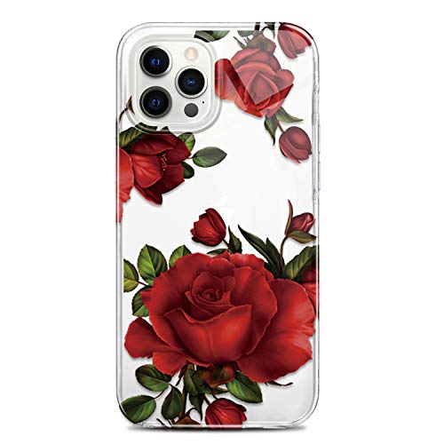 Jaholan Schutzhülle für iPhone 12 Pro, Silikon, transparent, TPU-Gel, ultradünn, leicht, weich, für iPhone 12/12 Pro 2020 6,1 Zoll – Blumenmuster Rosa Rot von JAHOLAN