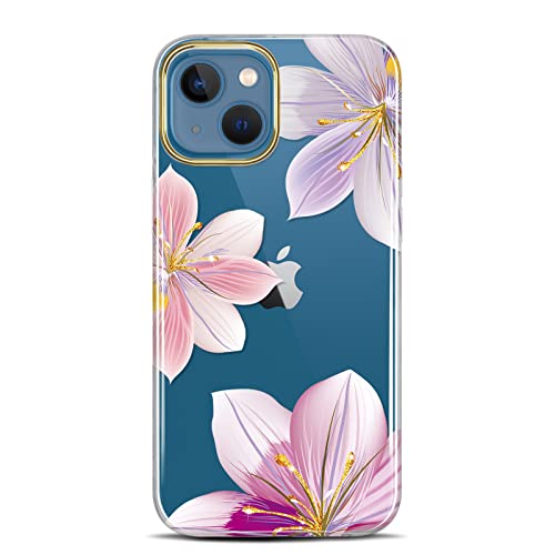 Jaholan Transparente Schutzhülle für iPhone 13 Mini, Blumenmotiv, für Mädchen und Frauen, stoßfest, Blumenmotiv mit Pailletten, Grandiflora Pink Purple von JAHOLAN