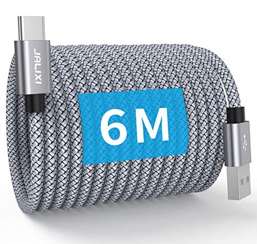 JALIXI USB C Kabel 6M, 15W Extra Lang USB Typ C Ladekabel Nylon für iPhone 16/15, Samsung Galaxy Tab A8 A7, S24 S23 A55 A35 A25 A15, PS5 Controller, Xbox Series X/S, Überwachung, Grau von JALIXI