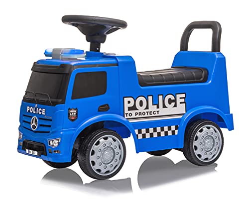 JAMARA 460475 Rutscher Mercedes-Benz Antos Polizei-ab 12 Monate, Sitzhöhe 280 mm, Kippschutz, Kofferraum unter der Sitzfläche, Schub-und Haltegriff, LED Signallichter und Sirene/Hupe, blau von JAMARA