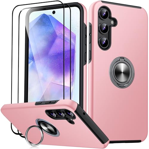 JAME für Samsung Galaxy A55 5G Hülle mit 2 Stück Panzerglas, Militärschutz Stoßfester Schutz Samsung A55 5G Hülle mit 360° Magnetischer Ring Kickstand Handyhülle für Samsung A55, Rosa von JAME