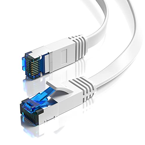 JAMEGA - 10m CAT.7 Netzwerkkabel Flach Ethernet Kabel Patchkabel in Weiß | Gigabit Lan 10Gbit/s | 600MHz | Cat-7 Rohkabel U/FTP PIMF Schirmung mit RJ45 Stecker | Router Switch Modem von JAMEGA
