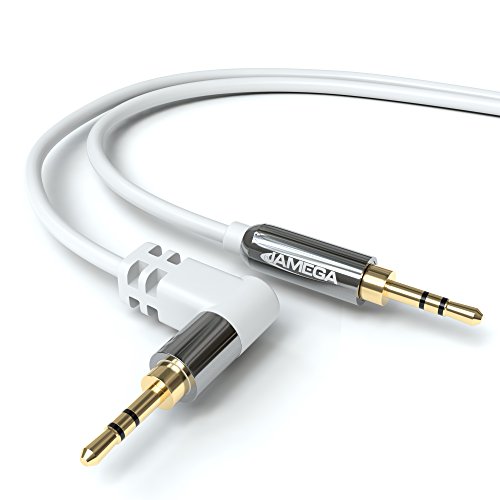 JAMEGA – AUX Kabel [2 Stück 1,5m] Weiß | Stereo Audio Klinkenkabel 3,5mm Klinkenstecker 90° gewinkelt auf 3,5mm Klinkenstecker kompatibel mit Kopfhörer, Heim/Auto Stereoanlage, iPhone, iPad, uvm. von JAMEGA