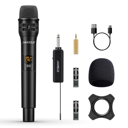 JAMELO Drahtloses Mikrofon, Wireless Microphone mit wiederaufladbarem Empfänger, Professionelles kabelloses Mikrofonsystem für Karaoke-Maschine, Luatsprecher, Gesang, Hochzeit, DJ, Ansprache, Kirche von JAMELO