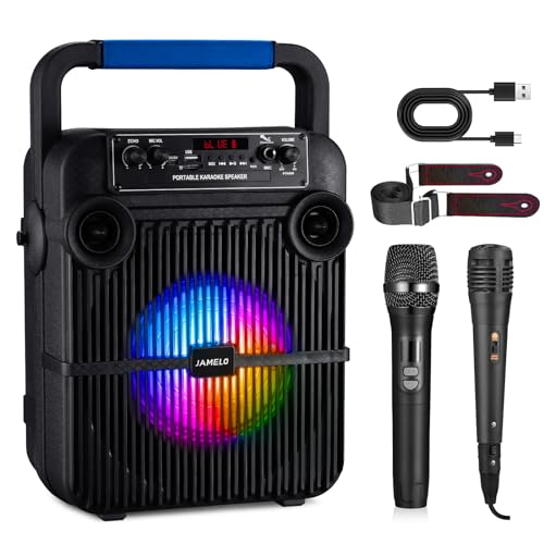 JAMELO Tragbare Karaoke Anlage mit 2 Mikrofonen, Bluetooth Lautsprecher mit Lichteffekte, PA-System Unterstütz TF-Karte/USB/AUX IN, Karaoke Maschine Musik Box für Party/Meeting/Hochzeit/Home KTV (Q1) von JAMELO