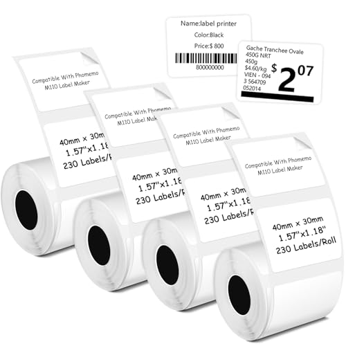 Thermoetiketten Kompatibel mit Phomemo M110/M221/M220/M120/M200 Etikettendrucker 1.57"x1.18"(40x30mm), 4Rolls,230 Etiketten/Rolle, für Barcode/Adresse/Mailing/Logo/Business/Home Tag, Schwarz auf Weiß von JANMORE