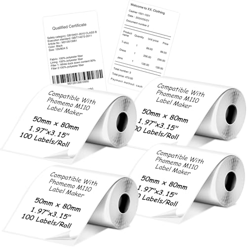 Thermoetiketten kompatibel mit Phomemo M110/M221/M220/M120/M200 Etikettendrucker, 1.97''x3.15''(50x80mm), 4 Rolls,80 Etiketten/Rolle, Schwarz auf Weiß von JANMORE