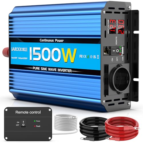 Wechselrichter 12v auf 230v 1500W/3000W Reiner Sinus Spannungswandler Stromwechselrichter DC Umwandler Power Solar Inverter Konverter Stromwandler mit Fernbedienung EU Steckdose und USB-Port von JARXIOKE