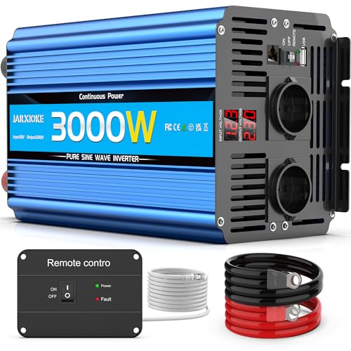 Wechselrichter 12V auf 230V 3000W/6000W Reiner Sinus Spannungswandler mit Fernbedienung,LED-Anzeige,EU AC Steckdosen,USB-Anschluss,Pure Sine Wave Inverter für Auto,Wohnwagen,Boot,Camping,Stromausfall von JARXIOKE