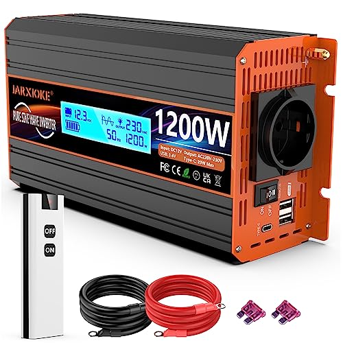 Wechselrichter 12v auf 230v 1200W/2400W Reiner Sinus Spannungswandler Pure Sine Wave Power Inverter Konverter Umwandler Stromwandler mit Fernbedienung,EU-Steckdose&USB& Type-C von JARXIOKE