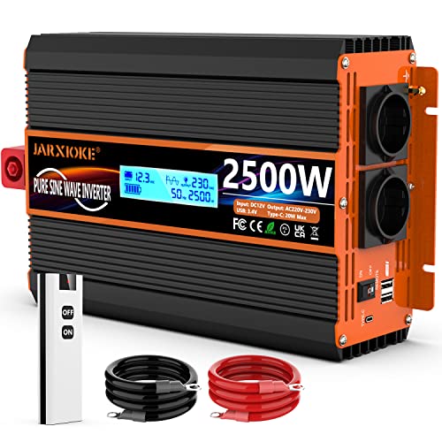 Wechselrichter 12v auf 230v Reiner Sinus 2500W Spannungswandler mit Fernbedienung & LCD-Display & 2 EU Steckdose & 2 * 3.4A USB Port & Type-C Port Pure Sine Wave Inverter Konverter (2 Jahre Garantie) von JARXIOKE