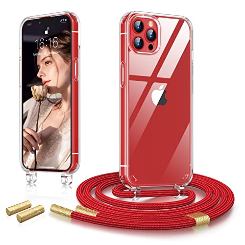 JASBON Handykette Hülle kompatibel mit iPhone 12/iPhone 12 Pro Hülle 6,1" | Einstellbar Necklace Hülle mit Band Handyhülle für zum Umhängen | Transparent Schutzhülle mit Kordel-Rot von JASBON