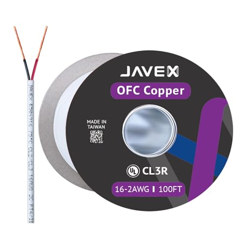 JAVEX CL3-OFC-Lautsprecherkabel mit 16 Gauge AWG (sauerstofffreies Kupfer 99,9%) für die Installation von Heimkino- und Audiosystemen, weiß, 30,5M von JAVEX
