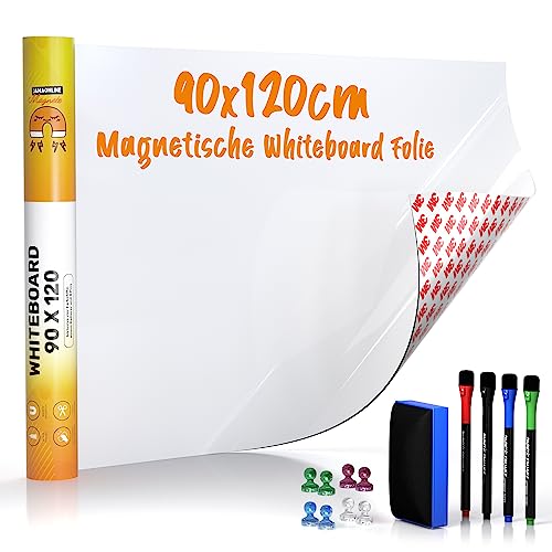 Whiteboard Folie 90x120cm - 3M Magnetfolie selbstklebend - Magnetische Tafelfolie abwischbar - Praktische Ferrofolie Weiß - Whiteboardfolie inkl. 4 Marker, großer Radiergummi und 8 Pins von JAWAonline