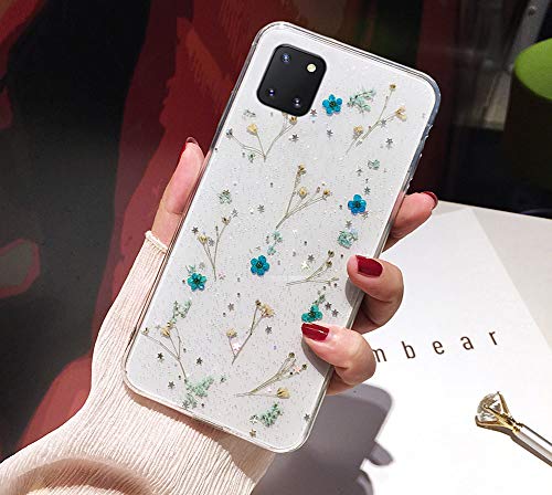 Glitzer Hülle für Samsung Galaxy Note 10 Lite Hülle Blumen,Glänzend Glitzer Getrocknete Blumen TPU Silikon Hülle Handyhülle Tasche Durchsichtig Handy Hülle Schutzhülle für Galaxy Note 10 Lite,Blau von JAWSEU