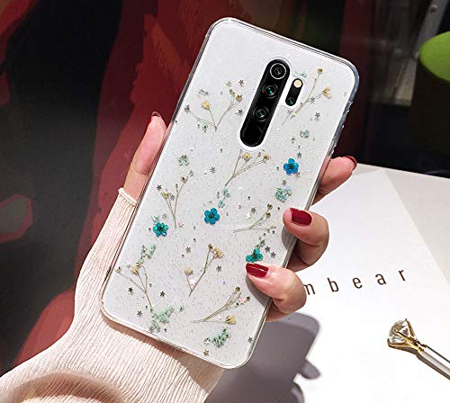 Glitzer Hülle für Xiaomi Redmi Note 8 Pro Hülle Blumen,Glänzend Glitzer Getrocknete Blumen TPU Silikon Hülle Handyhülle Tasche Durchsichtig Handy Hülle Schutzhülle für Xiaomi Redmi Note 8 Pro,Blau von JAWSEU